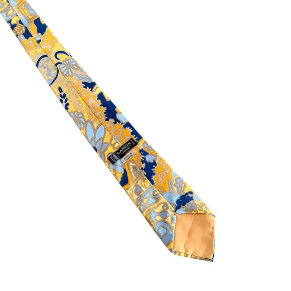 Vintage LANVIN Silk Tie 70s EUC Yellow Gold Blue France Abstract Floral Paisley - Picture 6 of 7